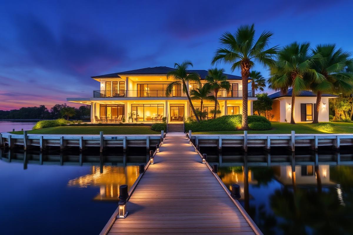 Modern waterfront luxury estate with dock and palm trees