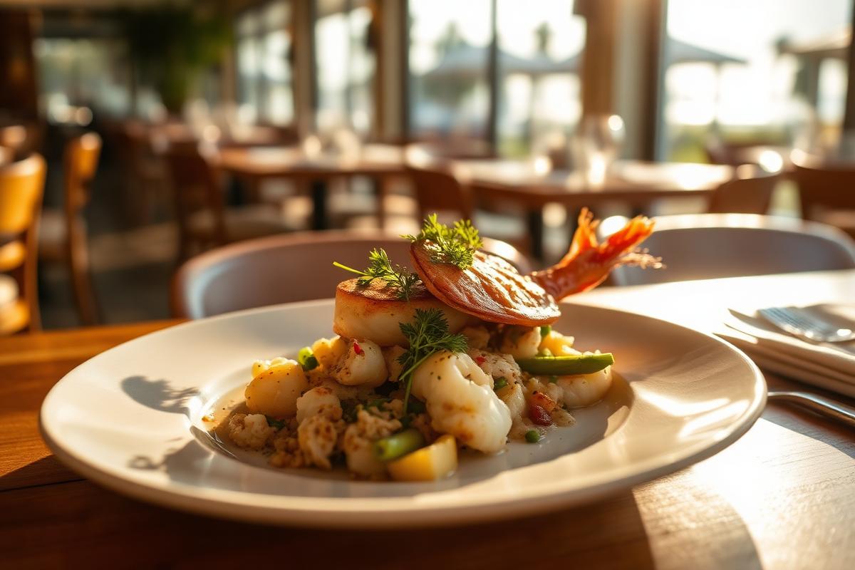 Coastal Florida seafood plated at a sunlit restaurant